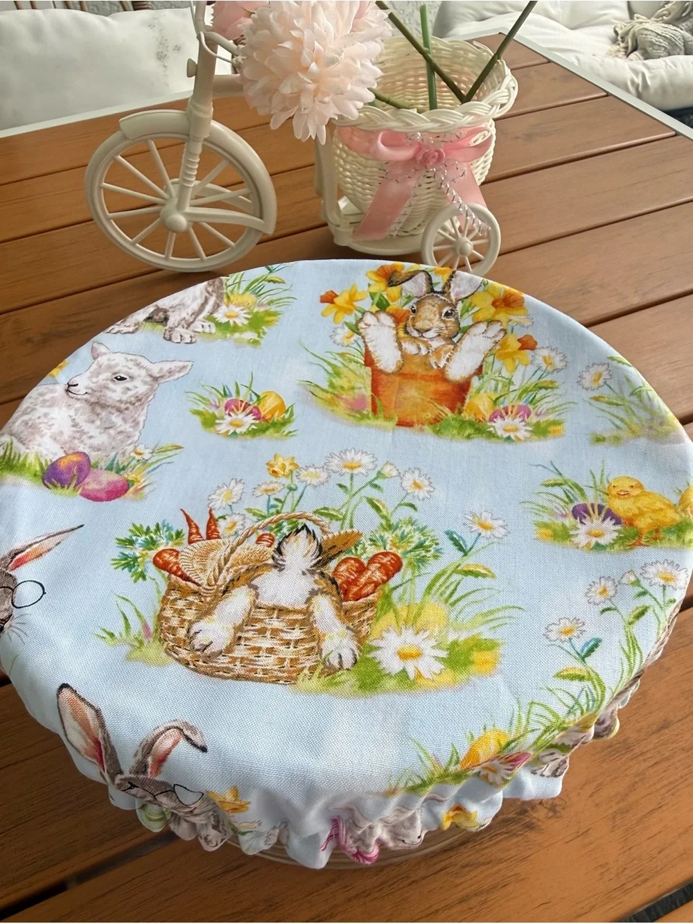 Reusable Light Blue Fabric Bowl Cover with Spring Animal Print